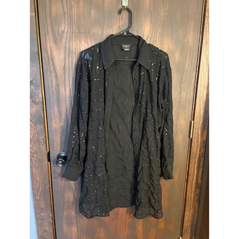 Rdalamal for Anthropologie Black Sequin Grid Sheer Button Down Tunic Shirt Small
